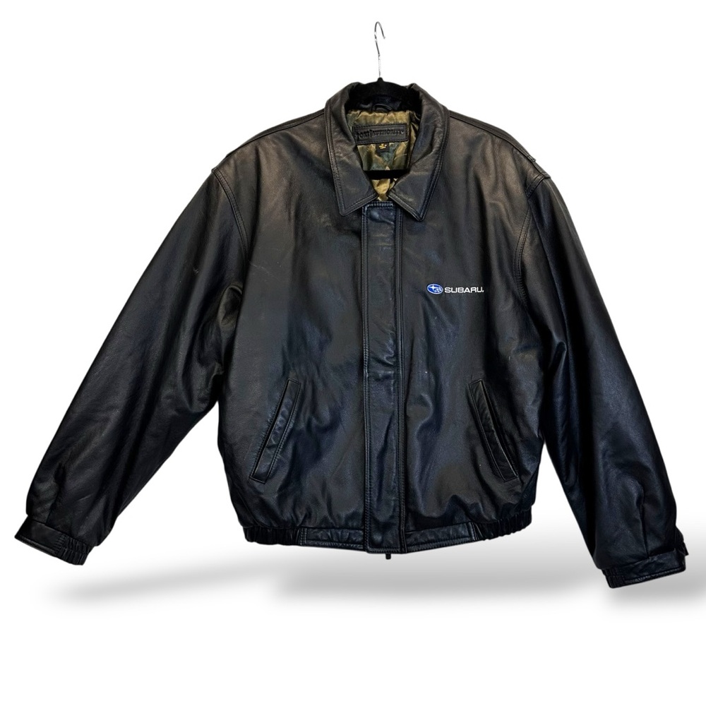 Vtg Subaru Black 💯 Leather Jacket Embroidered Men Size Medium. B6